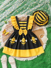 Young Girl Vacation + Adorable Bee Print Ruffle Hem Dress + Hat, Fall/Winter
